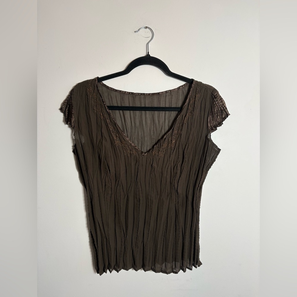 Sheer Crinkle Chiffon Beaded V-Neck/Reversible Top Brown